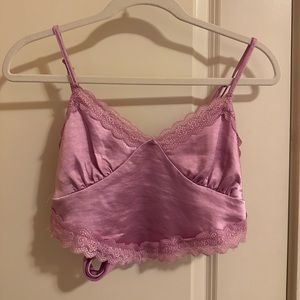 Lavender satin tank top with lace trim
